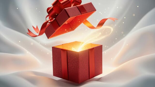 Surprise Gift Box with Glowing Magic: An opened red gift box, tied with a red ribbon, emits a magical golden glow from within, set against a soft, white, draped fabric.