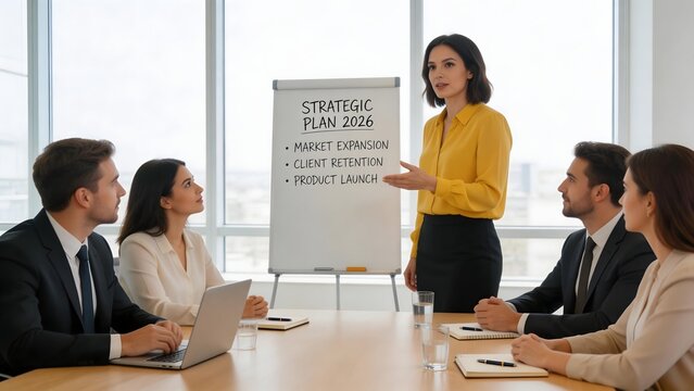 Business meeting with strategic plan presentation