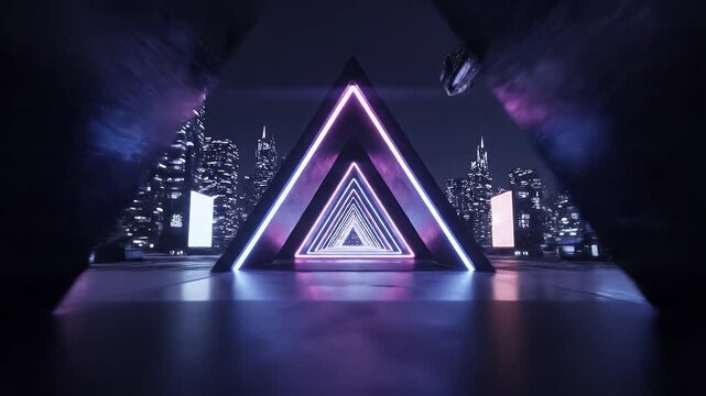 Neon Pink Triangular Gate Rising From a Rain-Slick Futuristic Cityscape at Night