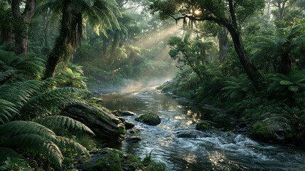 Fototapeta premium Tranquil stream adventure lush rainforest nature photography serene environment close-up view natural beauty