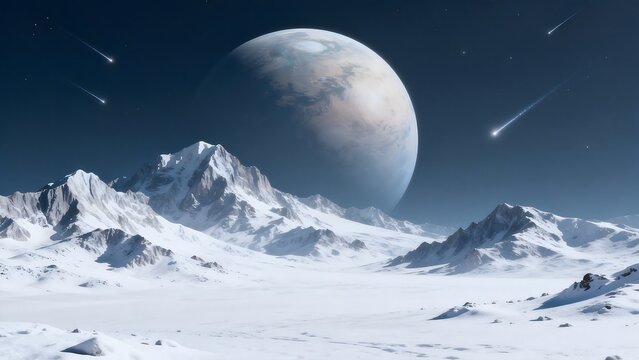 Snowy mountain landscape with planet and meteors