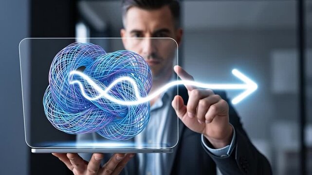Businessman solving complex data problem with digital strategy visualization on transparent tablet