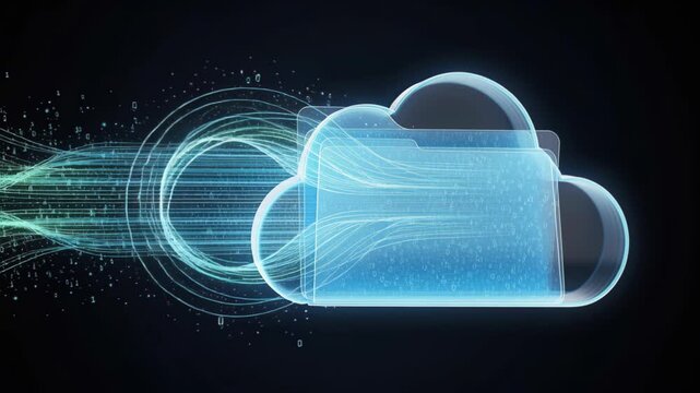 Digital Cloud Storage Transfer: A luminous cloud icon glows, symbolizing digital data transfer and cloud computing.