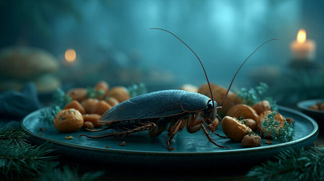 Cockroach feast a close-up look at nature's scavenger indoor setting macro photography dramatic lighting