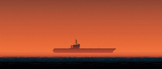 Obraz premium Naval vessel approaching horizon at sunset ocean scene digital art tranquil environment aerial view military concept