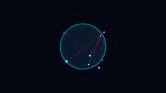Dynamic motion of a futuristic digital globe with interconnected nodes and lines illustrating technology connectivity and data flow in a high-tech environment.