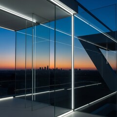 Fototapeta premium Elegant glass panels reflecting a distant urban skyline at dusk, accented by bright linear light strips and modern geometric architecture, technological, glass, construction