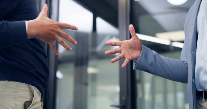 Hands, fist bump and greeting at office with business people, friends or hello with broker. Person, colleagues and respect with handshake, partners and team building in corridor at insurance agency