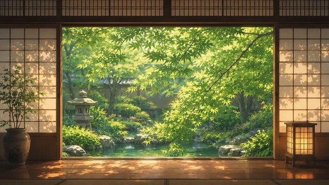 Japanese Garden View from Traditional Japanese Style Room with Green Maple Leaves, looping animation background