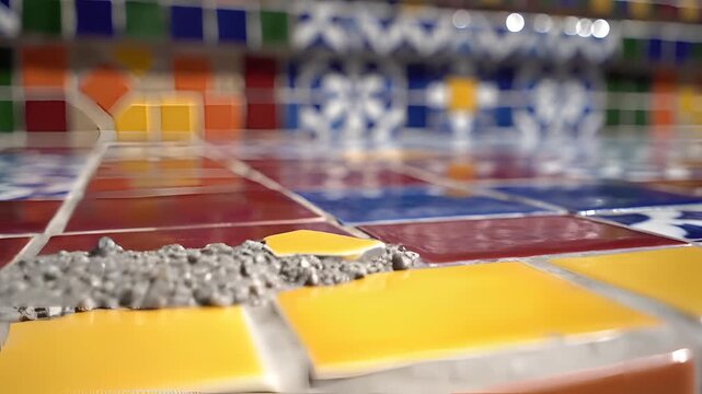 Closeup of Colorful Ceramic Tiles with Mosaic Patterns.