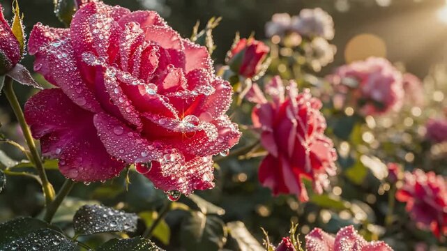 Vibrant pink roses with morning dew drops in golden hour sunlight, close-up floral garden background