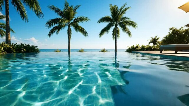 Luxury infinity pool overlooking tropical ocean at sunset with palm trees luxury resort tropical paradise