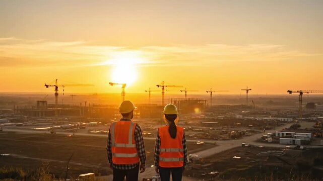 Male and female construction engineers overlooking a large industrial site at sunset for project planning and development