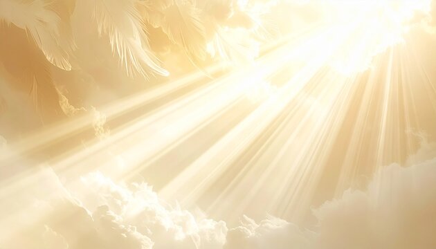 Golden light rays shining through ethereal clouds, creating a heavenly and spiritual atmosphere.