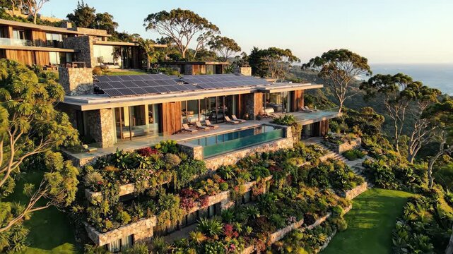 Eco luxury architecture with solar panel integration, infinity pool, lush garden, ocean view, modern house blending natural stone