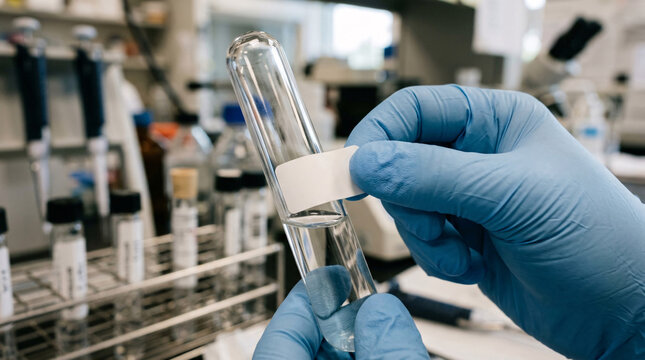 Close up of scientist hands in blue gloves putting a blank white label on a glass test tube.
