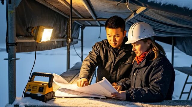 Two Professional Engineers Reviewing Blueprints at Snowy Construction Site at Night Under Portable Work Light