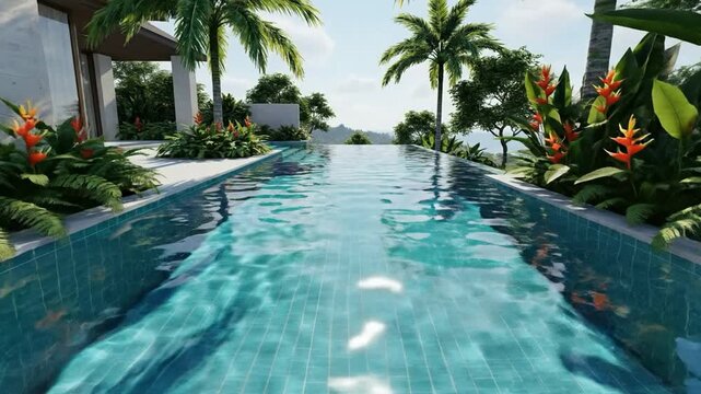 Luxury infinity pool overlooking tropical landscape with palm trees and exotic flowers luxury villa tropical resort