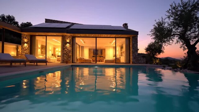 Eco luxury modern house architecture with pool sunset outdoor relaxation warm light stone wall glass door solar panels calm water