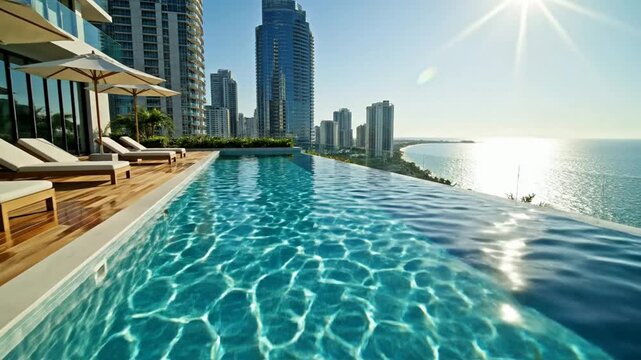 Luxury infinity pool overlooking city skyline and ocean at sunset resort ocean view