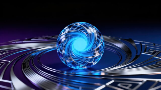 Abstract blue metallic sphere with spiral design