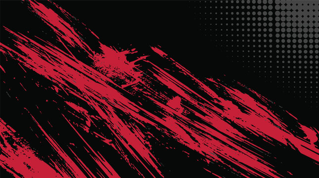 Red brush stroke grunge background with halftone dots and diagonal streaks.