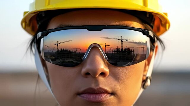 Female Construction Worker Wearing Safety Glasses Reflecting Building Site at Sunset for Industrial Engineering Concept
