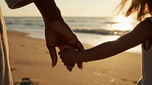 Mother and child holding hands walking on beach at sunset, loving family connection and togetherness
