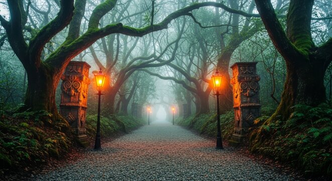 A narrow gravel path winds through ancient, towering trees draped in mist, flanked by gothic iron lamp posts and weathered stone pillars, park, mansion, forest