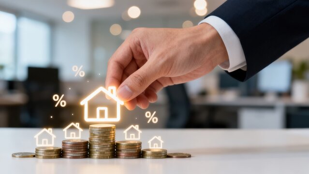 Hand placing house icon on coin stacks