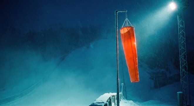 Illuminated windsock indicates strong wind conditions at ski jump venue at night
