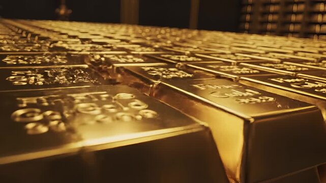 Rows of gleaming gold bars stacked in a vault.