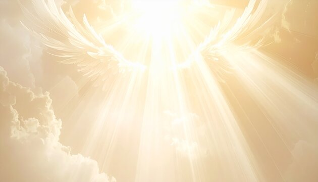 Golden light rays shining through ethereal clouds with a subtle angelic form, symbolizing hope and divinity.