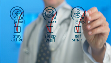 Doctor writing on a virtual screen, checking off icons for staying active, sleeping well, and...