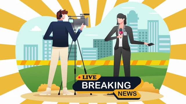 Animated 2D Illustration of Female Reporter and Cameraman Broadcasting Live Breaking News