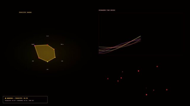 Visualizing complex organoid growth monitoring data, a futuristic interface dynamically displays evolving toxicity radar charts and increasing endurance time indices, indicating potential changes.