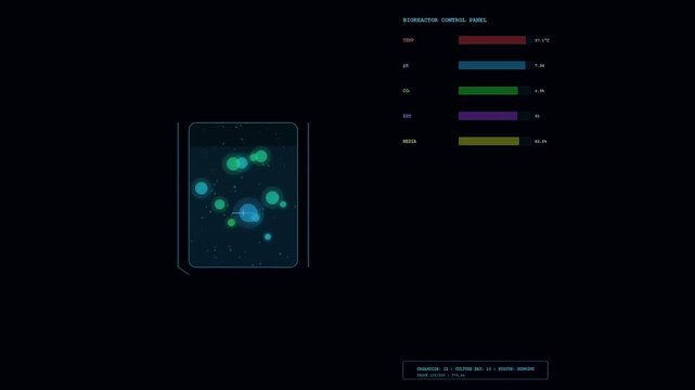 Advanced organoid growth monitoring interface displays crucial biological parameters and animated cellular structures evolving within a dark digital environment for biotechnology research.
