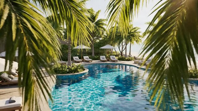 Luxury tropical resort swimming pool with palm trees and beach lounge chairs at sunset vacation
