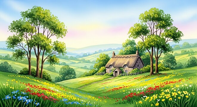A serene watercolor painting of a rolling green countryside featuring a quaint stone cottage nestled among blooming meadows and tall trees, meadow, atmosphere, path