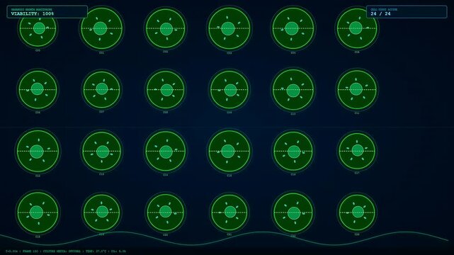 A digital screen displays Organoid Growth Monitoring metrics as a series of cellular cultures evolve from initial stages through to full maturation in a laboratory environment