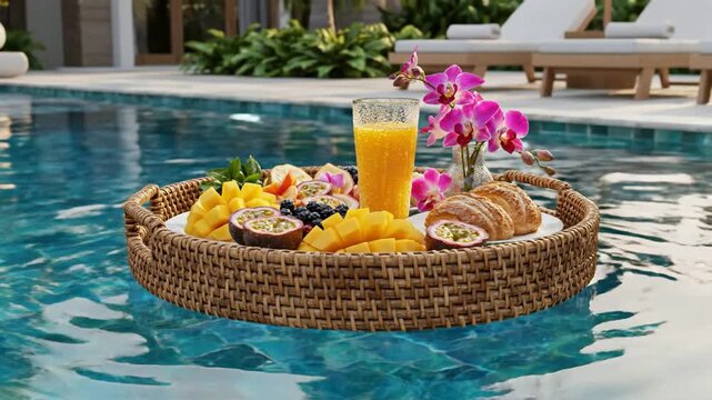 Floating breakfast tray with tropical fruit, pastries, and fresh juice in a luxury resort swimming pool
