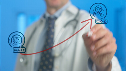 Doctor's hand drawing a rising red arrow connecting an icon representing good sleep by a patient to...