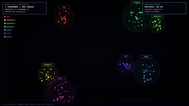 Sophisticated digital mapping of organoid growth monitoring depicts iridescent cellular clusters evolving within a complex network structure against a dark void background