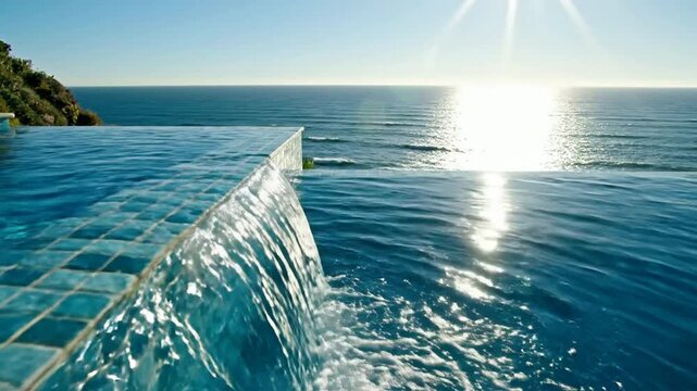 Luxury infinity pool overlooking ocean at sunset with cascading water feature and sparkling sun reflection