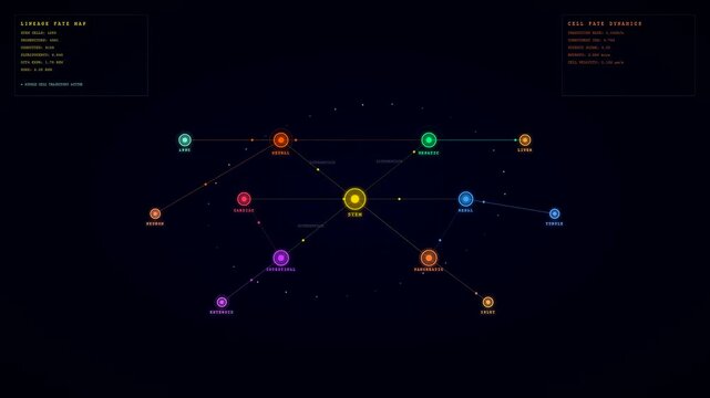 An advanced organoid growth monitoring interface displays a complex colorful network of cell lineage nodes and connection paths on a deep black digital screen
