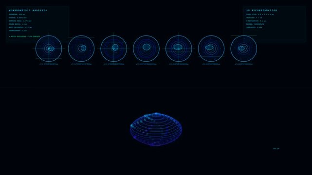A scientific display showcasing organoid growth monitoring utilizing holographic 3d wireframe projections and blue morphometric data readouts on a dark empty void