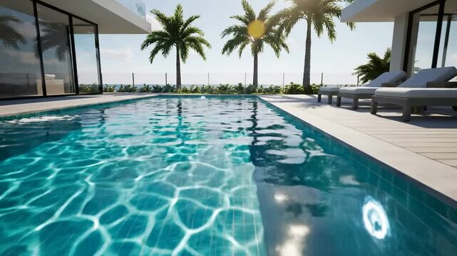 Luxury tropical villa swimming pool with crystal clear water and palm trees at sunset resort