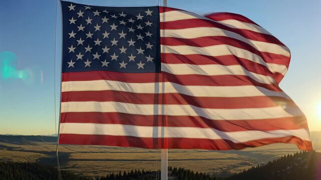 Waving American flag on tall pole above vast mountain valley at golden sunrise, cinematic slow motion outdoor landscape with lens flare and patriotic symbolism, representing freedom, unity,