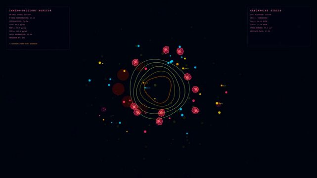 A digital simulation of organoid growth monitoring featuring glowing cellular structures and data overlays floating across a dark void with concentric yellow geometric rings