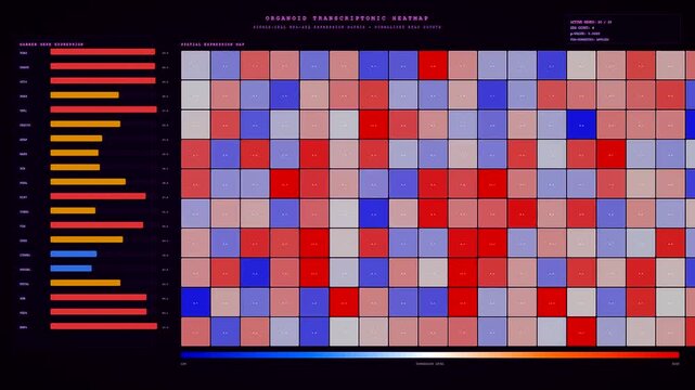 A sophisticated digital interface for organoid growth monitoring showing a transcriptomic heatmap with red and blue data cells evolving across a dark screen background